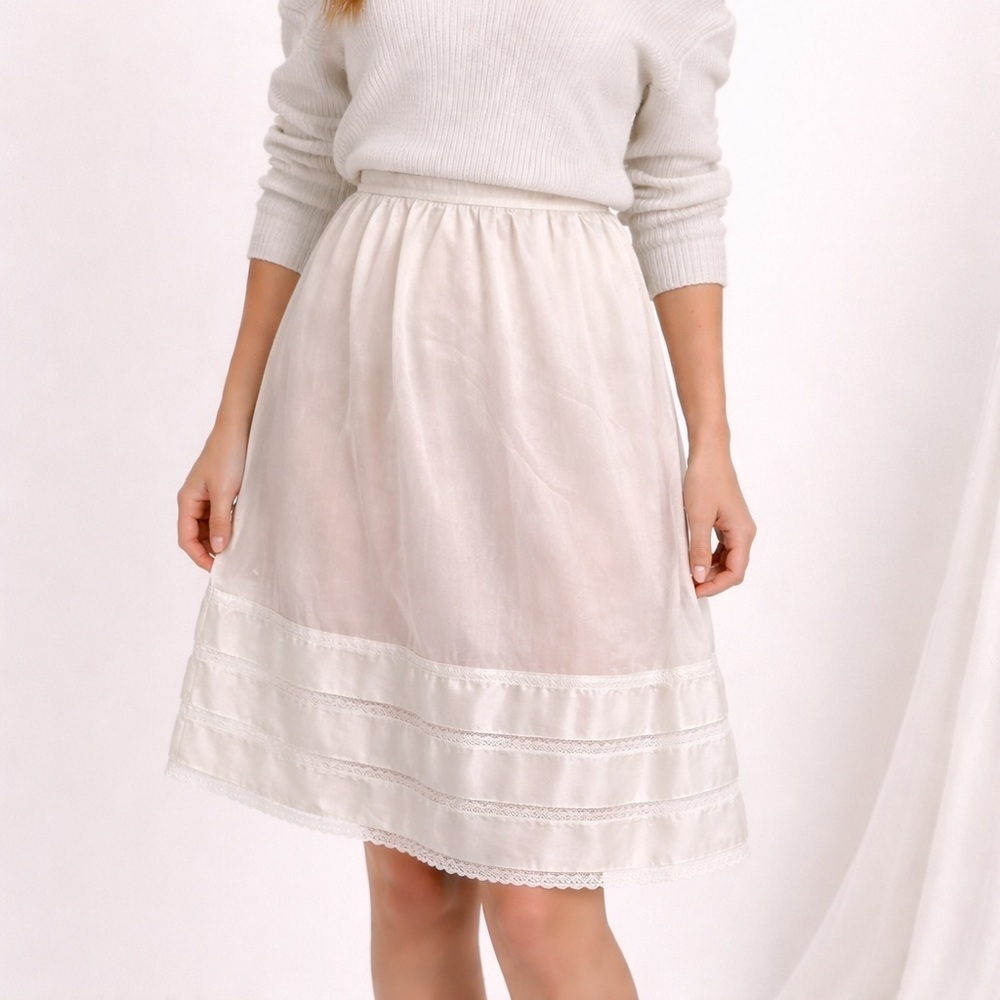 Vintage 80s Beige Nylon Lace Slip Skirt Midi Small Angelcore Coquette